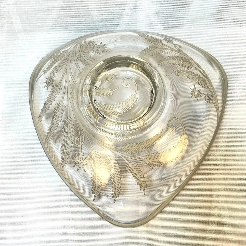 Vintage Triangular Clear Glass Silver Overlay Fern Design Footed‎ Candy Dish